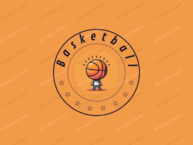 playful design features a cute athlete with a basketball head, incorporating a vibrant orange color scheme, combined with a clean and simple background.