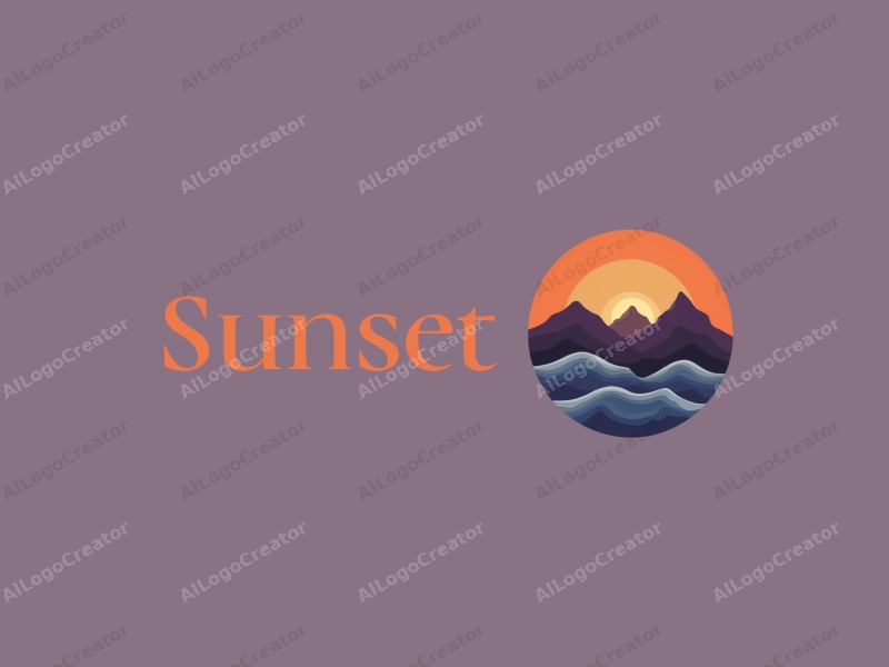 vintage design features a stylized sunset over mountains, with waves in the foreground, using a harmonious blend of orange and purple colors against a clean background.