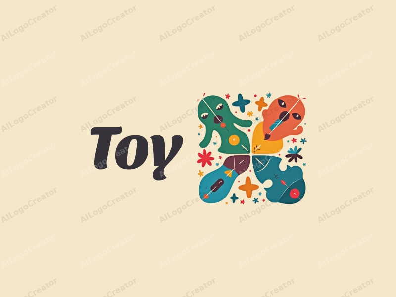 playful design features whimsical dolls, colorful puzzles, stylized stars, and airplane turbine shapes combined with a clean background.