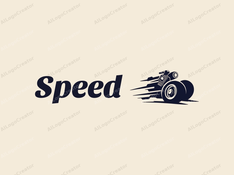 a modern design featuring dynamic lines representing speed, a stylized engine and tire, combined with a clean background to emphasize power and motion.