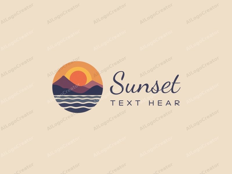 vintage design features a stylized sunset over the ocean with mountains in the background, incorporating warm orange and purple hues, combined with a clean and harmonious layout.