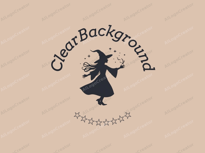 minimalist design features a stylized witch silhouette casting spells, with magical elements like stars and sparkles, combined with a clear background for a clean and simple look.