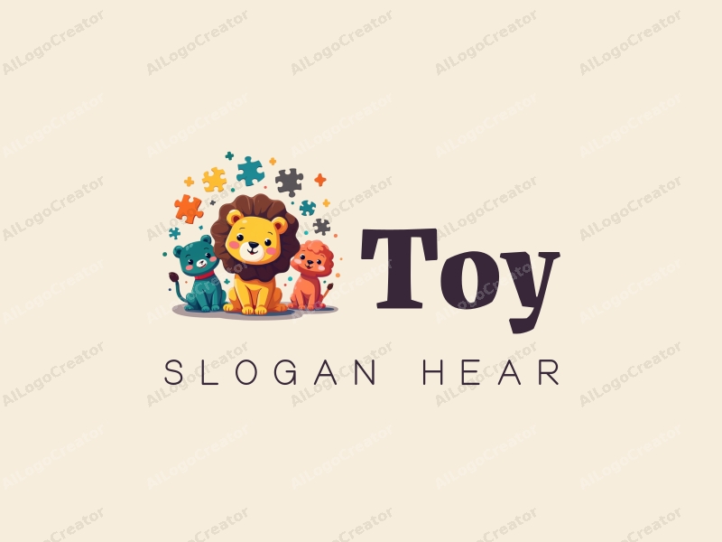 playful design features colorful dolls and puzzles, a stylized lion, and game elements combined with a clean background.