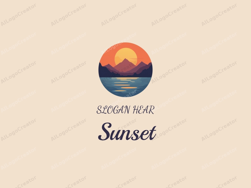 vintage design features a stylized sunset over the ocean with mountains in the background, incorporating warm orange and purple hues, combined with a clean and harmonious layout.