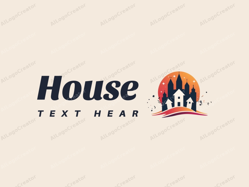 modern design features a stylized house and building silhouette intertwined with dynamic dance and music elements, combined with a clean background.