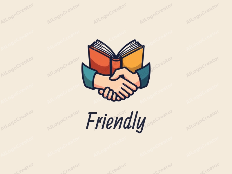 playful design features a stylized book and a handshake, combined with a clean background, emphasizing friendship and community in an educational and social context.