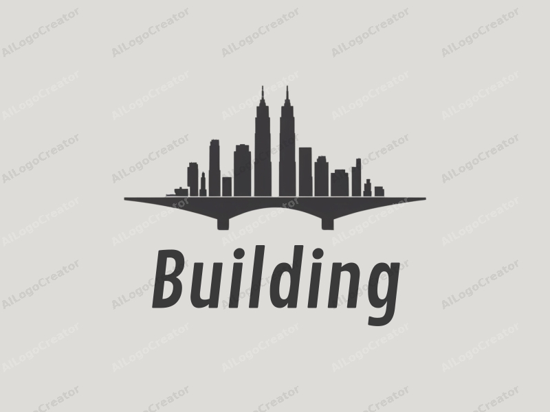 minimalist design features sleek buildings and towers, a stylized bridge silhouette, and a modern design approach combined with a clean gray background.