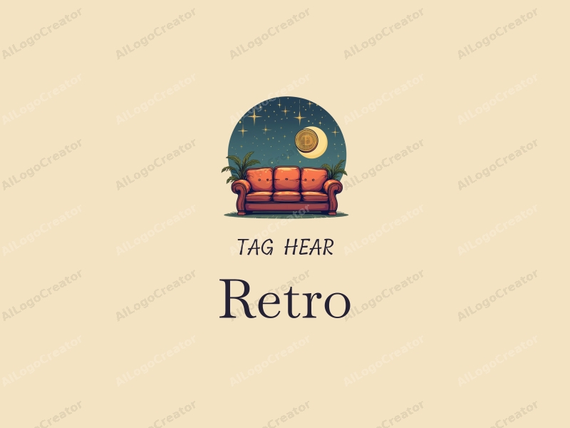 vintage design features a retro sofa and a retro poster, combined with a starry sky and bitcoin elements, set against a clean background.