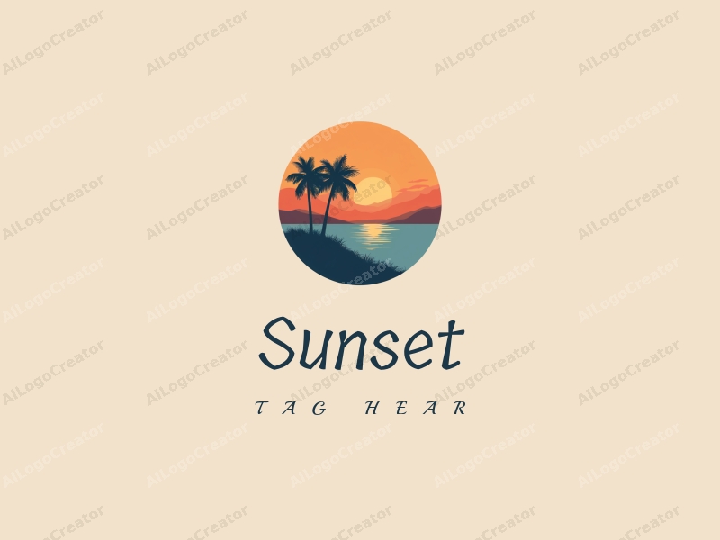 vintage design features a serene sunset over a tranquil landscape, with an island silhouette and palm trees, combined with a clean background.