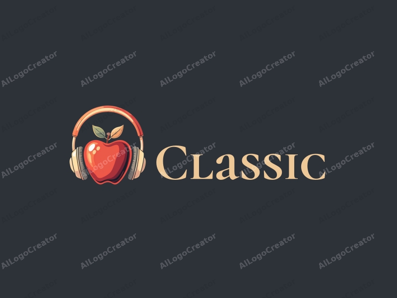 vintage design features classic apple and headphones, incorporating traditional elements with a harmonious composition, set against a clean, dark background.