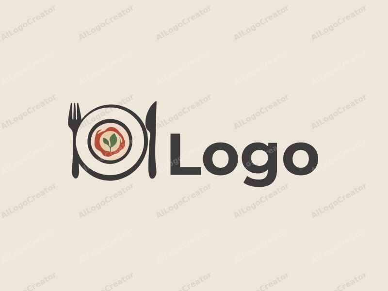 modern design features a stylized plate with a knife and fork, combined with a clean background and a minimalist approach.