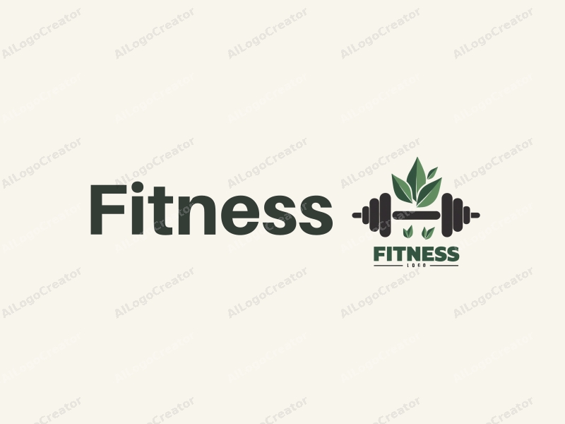 modern design features stylized weights and dumbbells, natural elements like leaves or trees, combined with a clean background.