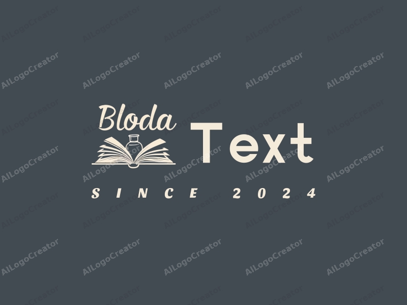 modern design features stylized text and font, an open book, and an ink bottle, combined with a clean background.