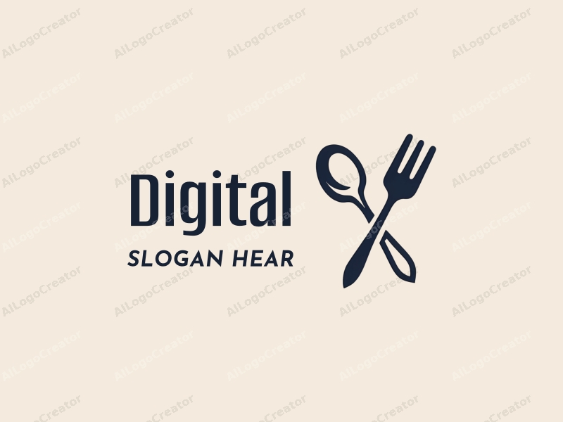 modern design features digital elements, a stylized spoon and fork, combined with a clean background and a futuristic approach.