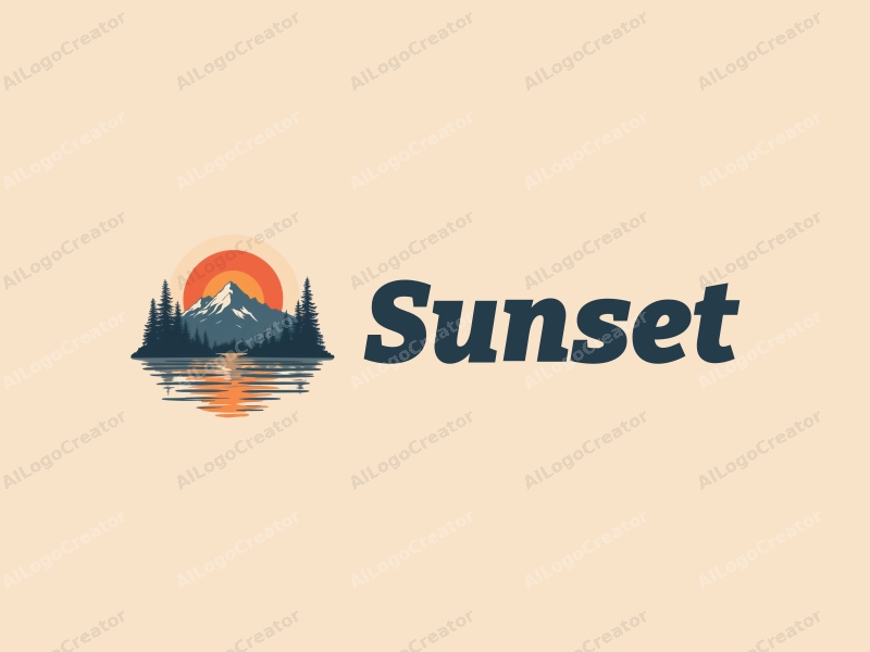 vintage design features a stylized sunset over mountains and a reflective water surface, combined with a harmonious and clean background.