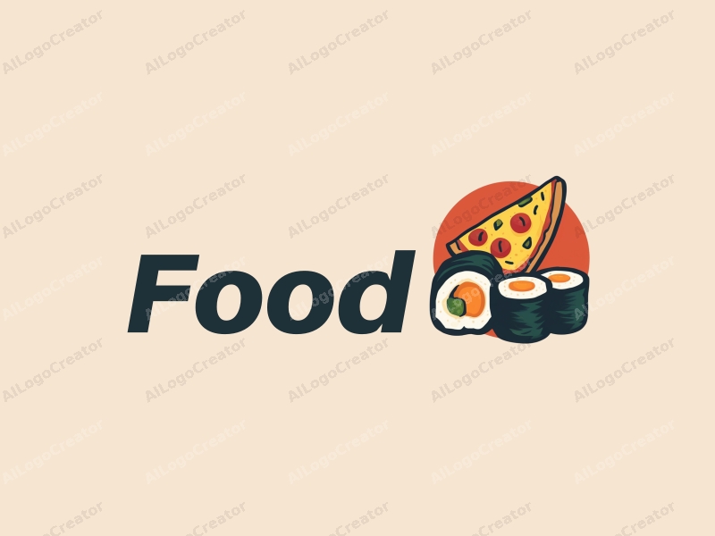 a modern design featuring vibrant colors, a stylized pizza slice and sushi rolls, combined with a clean background and a harmonious composition.