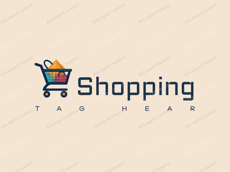 a modern design featuring a colorful shopping cart and shopping bag, combined with a stylized mall silhouette, set against a clean background.