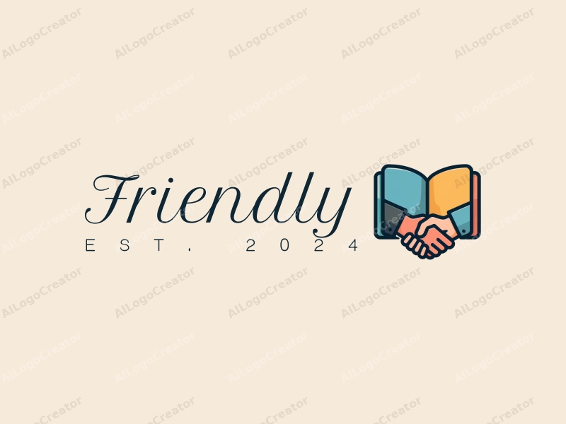 playful design features a stylized book and a handshake, combined with a clean background, emphasizing friendship and community in an educational and social context.