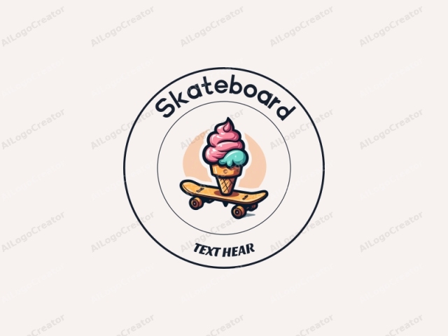 ein spaßiges Design mit einem lebendigen Skateboard, das mit einem Eiswaffel verwoben ist, unter Verwendung eines linearen Designansatzes in Kombination mit einem sauberen Hintergrund.