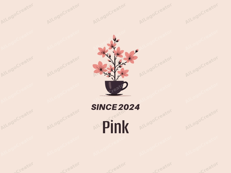 minimalist design features delicate cherry blossoms intertwined with a simple cup silhouette, creating a harmonious and clean composition against a soft background.