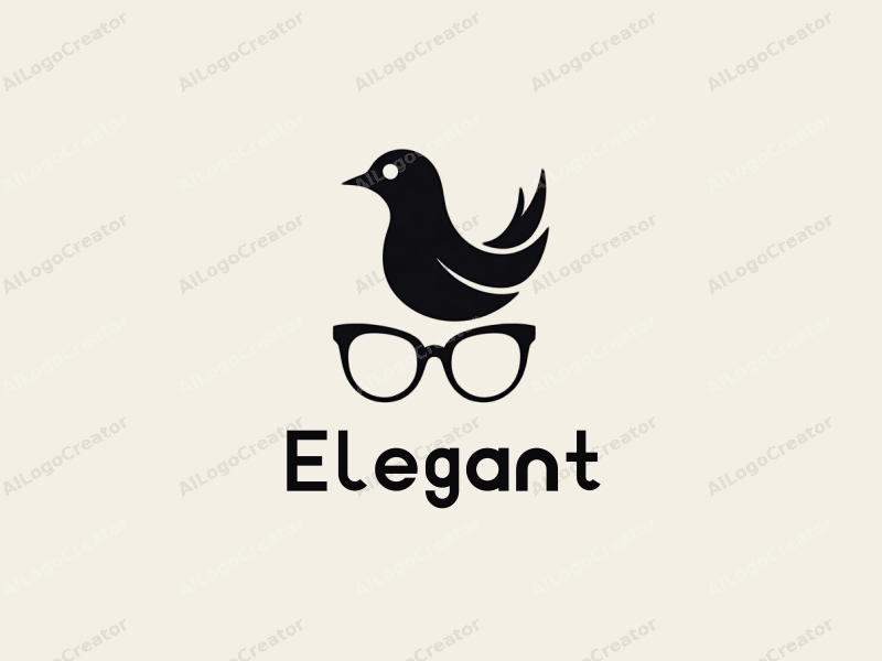 a minimalist design featuring a stylized bird and elegant glasses, combined with a modern approach and a clean black and white background.