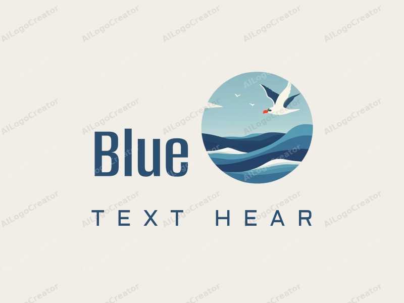 a modern design featuring a stylized ocean and sky, incorporating a seagull and wave elements, combined with a fresh and natural aesthetic against a clean background.