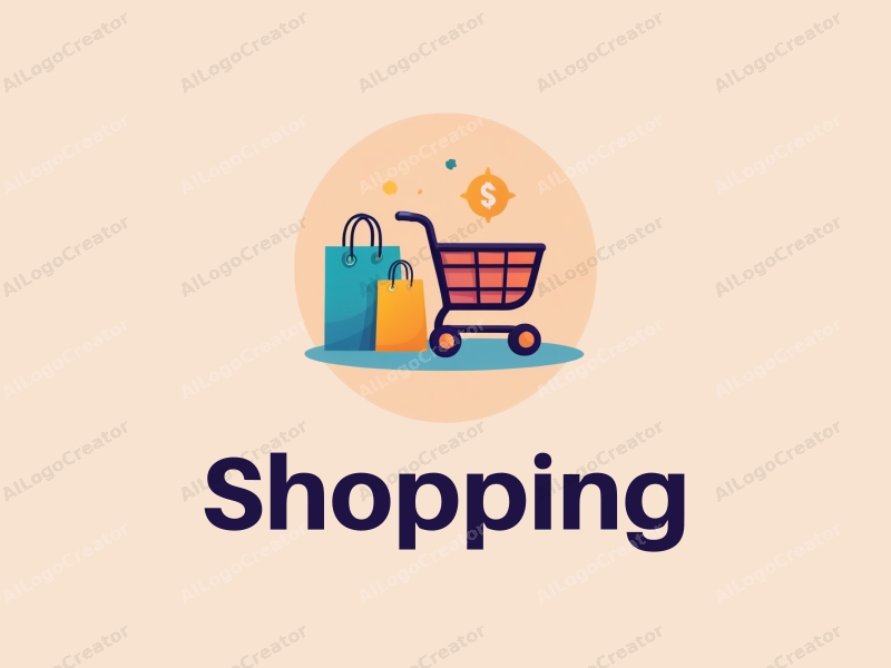 a modern design featuring a colorful shopping cart and shopping bag, combined with a stylized mall silhouette, set against a clean background.