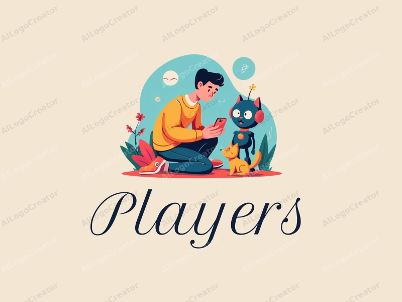 playful design features a vibrant color scheme, a stylized player interacting with a whimsical game character, a cute cat, and a friendly robot, all combined with a clean and simple background.