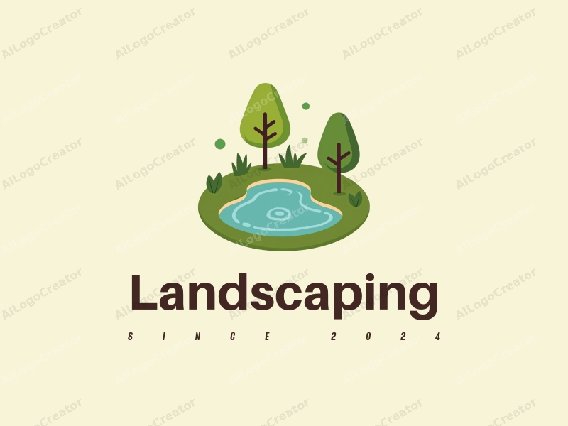 modern design features a stylized lawn and garden with abstract trees and a pond, combined with a clean background.