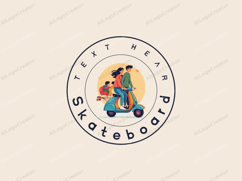 playful design features a vibrant skateboard and scooter intertwined with family elements, using a colorful palette combined with a clean background.