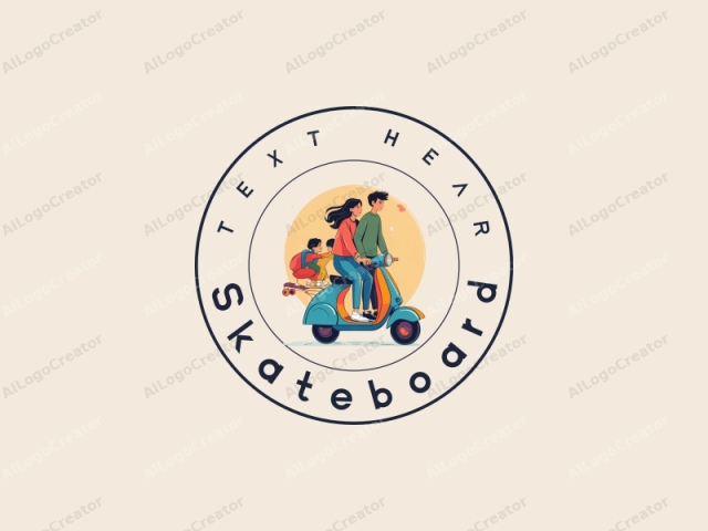 Spaßige Designmerkmale zeigen ein lebendiges Skateboard und Scooter, die mit Familienelementen verwoben sind, unter Verwendung einer farbenfrohen Palette in Kombination mit einem sauberen Hintergrund.