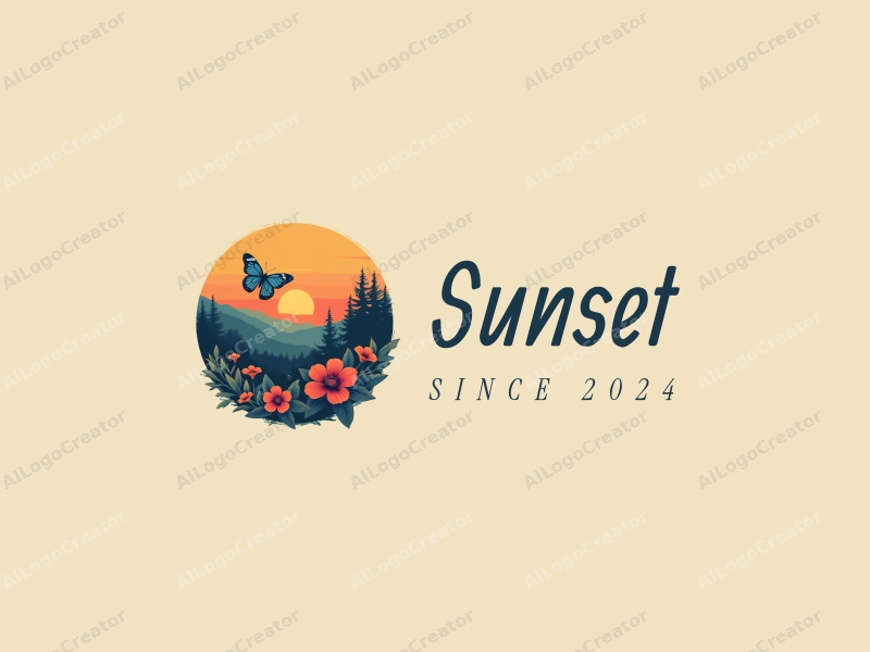 vintage design features a serene sunset over a picturesque landscape, with a butterfly gracefully hovering above vibrant flowers, combined with a clean background.