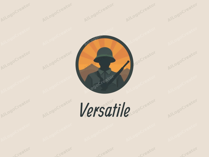 modern design features a circular shape, a stylized soldier figure, and a versatile, adaptable approach combined with a clean background.