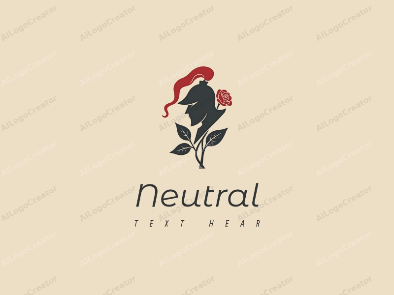 minimalist design features a stylized knight silhouette and a rose, balanced composition with neutral tones, clean background.