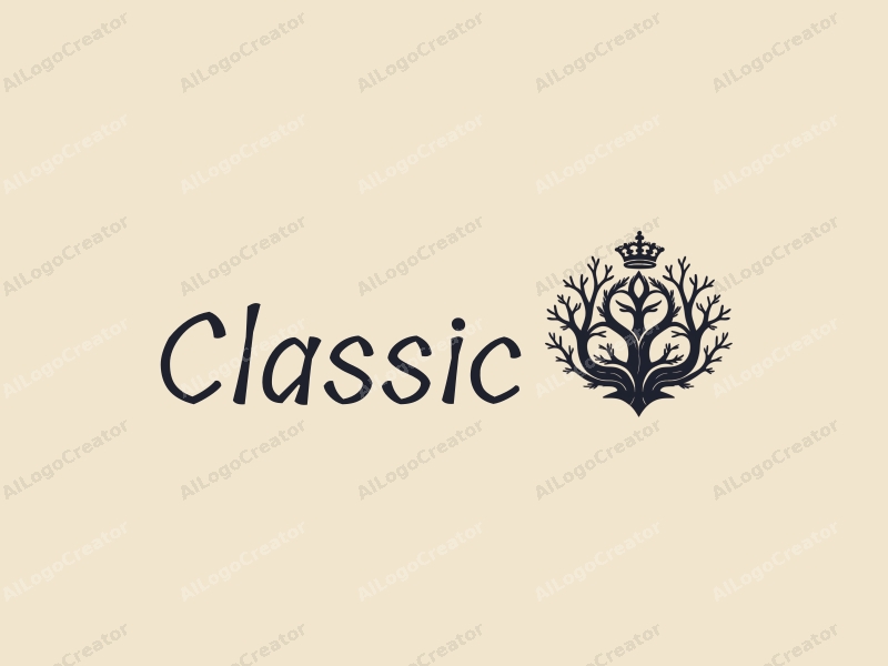 vintage design features a stylized crown intertwined with elegant trees, using dark and neutral colors, combined with a clean background for a classic and traditional aesthetic.