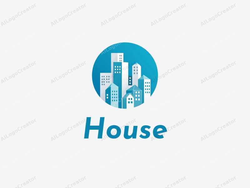 modern design features a stylized house and building silhouette integrated with a city skyline, using a clean and simple approach combined with a blue background.