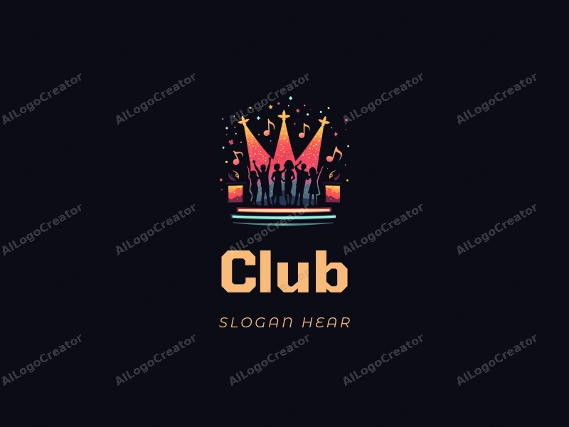 a modern design featuring a stylized club scene with a stage, musical notes, and social elements, combined with a clean black background.