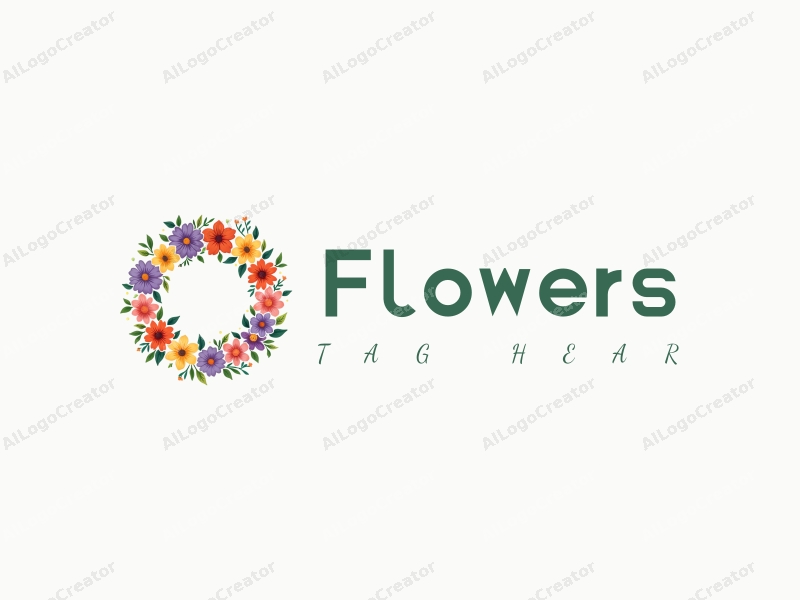 playful design features vibrant flowers and petals arranged in a circular wreath, complemented by playful leaves, all set against a clean background.