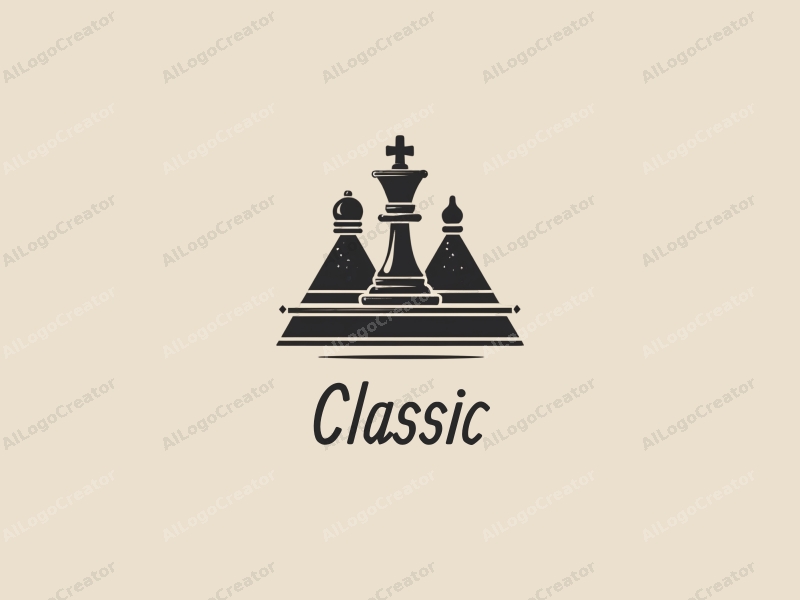 vintage design features a stylized pyramid and a chess piece, combined with a clean background and a classic, traditional aesthetic.