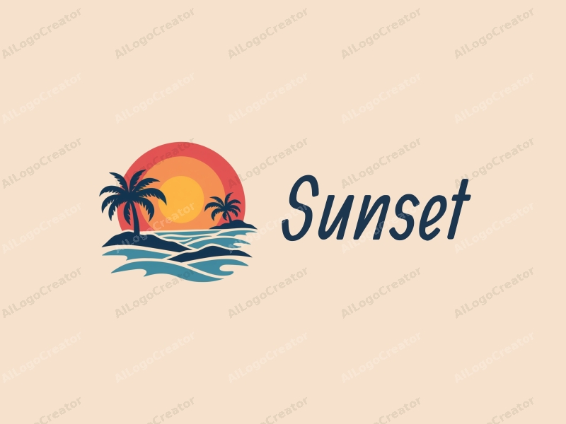 vintage design features a stylized sunset over a serene landscape with gentle waves and palm trees, combined with a clean background.