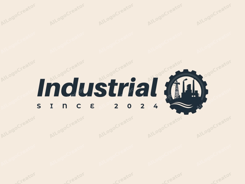 modern design features a stylized factory silhouette, interlocking gears, and a tower crane, combined with a clean background.