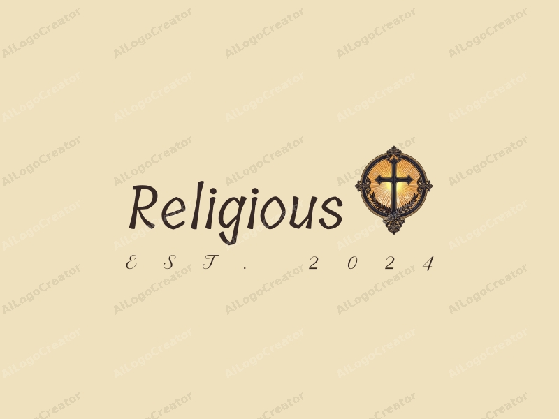 vintage design features a prominent cross symbol, surrounded by intricate religious motifs, with a radiant golden glow emanating from the center, set against a clean and simple background.