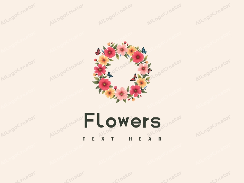 playful design features vibrant flowers and petals arranged in a circular wreath, with whimsical butterflies fluttering around, combined with a clean background.