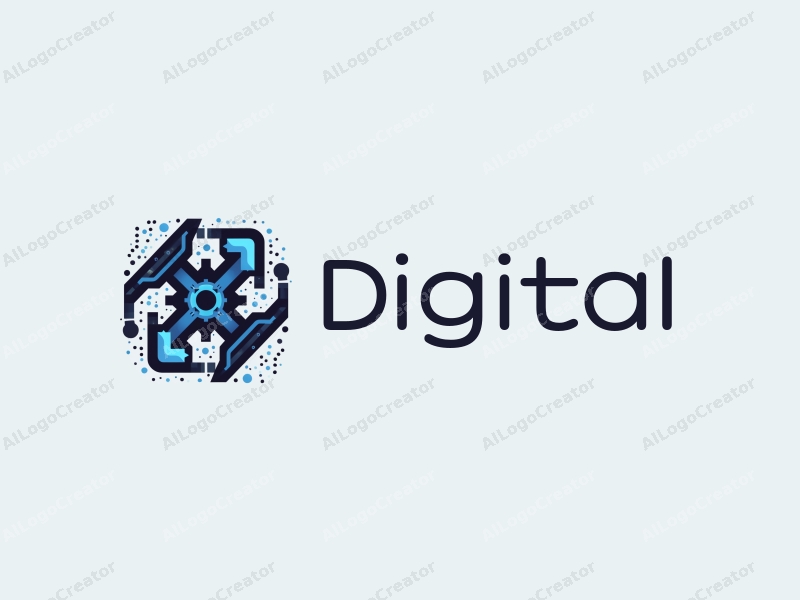 a modern minimalist design featuring digital elements, stylized gears, and robotic arms, combined with a clean background in blue and black colors.