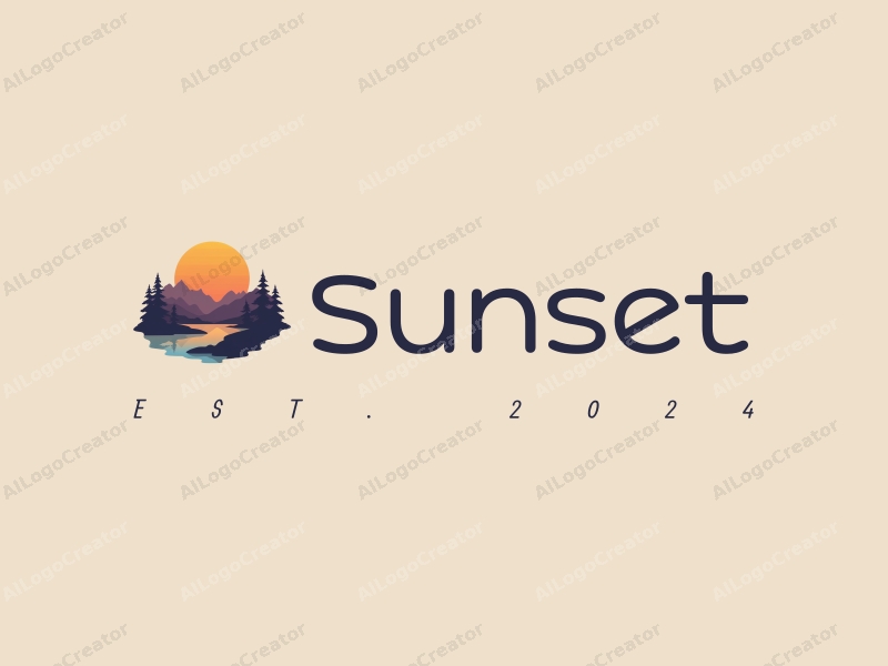 vintage design features a stylized sunset over mountains and lakes, with a harmonious blend of orange and purple colors, combined with a clean background.