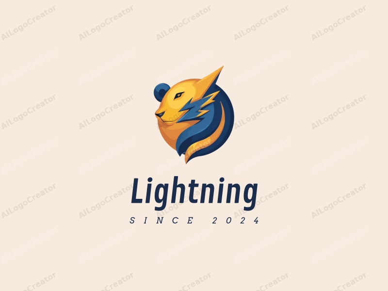 geometric design features a stylized bear intertwined with lightning bolts, using a vibrant yellow and blue color palette, combined with a clean background.