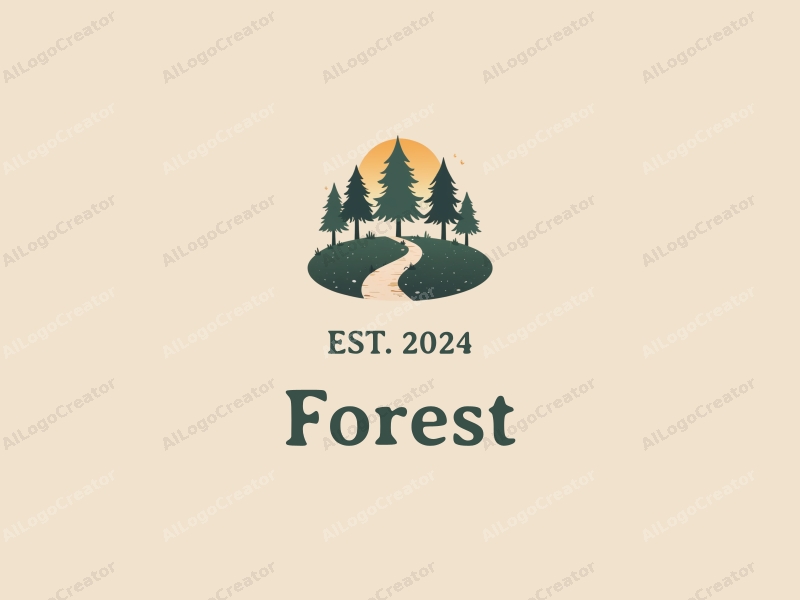 vintage design features a serene forest scene with stylized trees and leaves, a winding pathway, combined with a clean background.