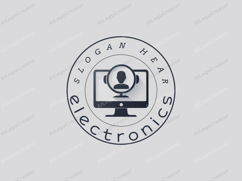 minimalist design features sleek electronic devices, a stylized computer silhouette, and a virtual assistant concept combined with a clean silver background.