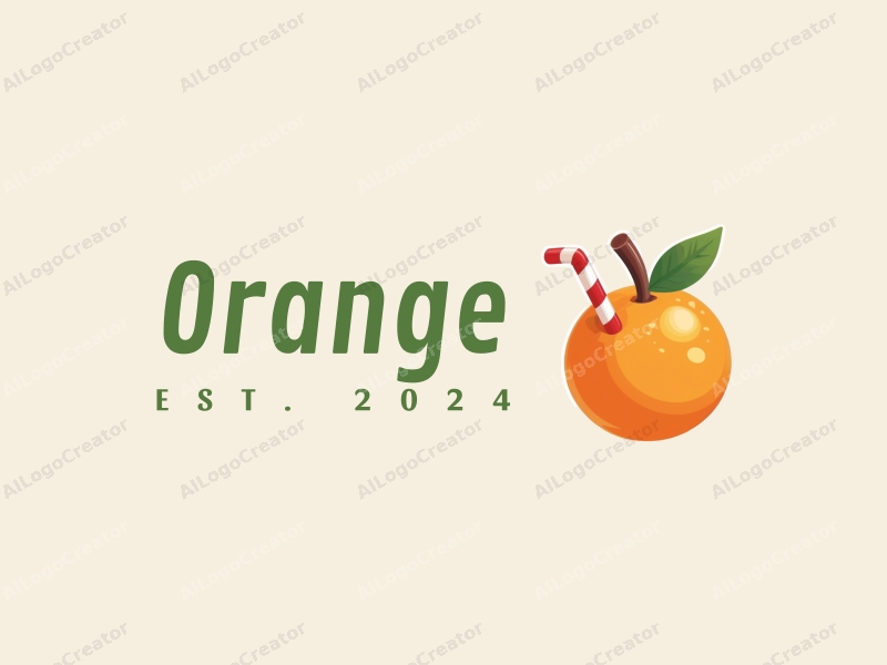 playful design features a stylized orange with a straw, vibrant orange color, and a clean background, emphasizing freshness and fun.