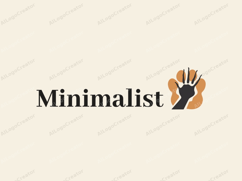 minimalist design features a stylized animal paw and hand, combined with clean lines and a tag style approach on a simple background.